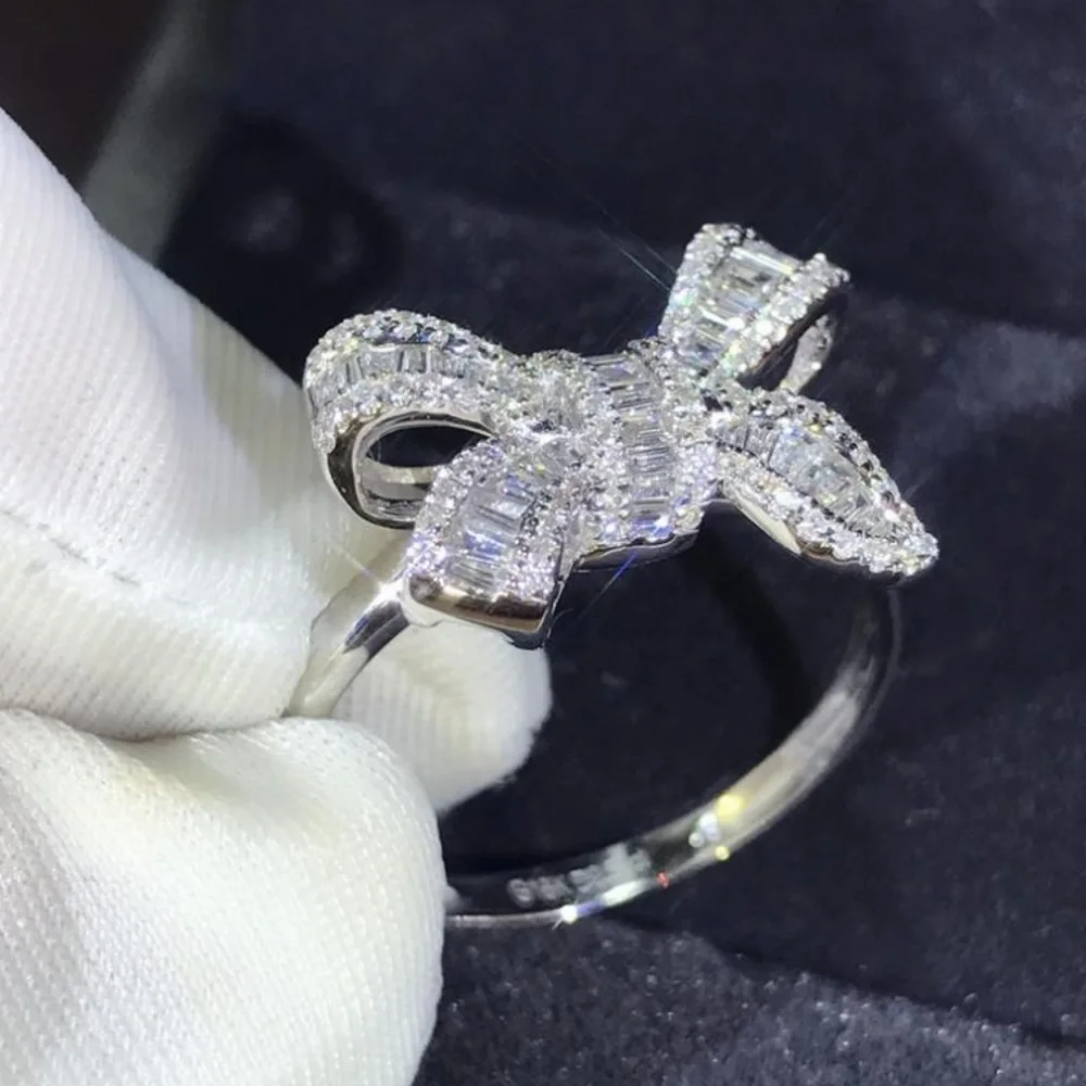 *NEW 925 Sterling Silver Diamond Baguette Bow Ring